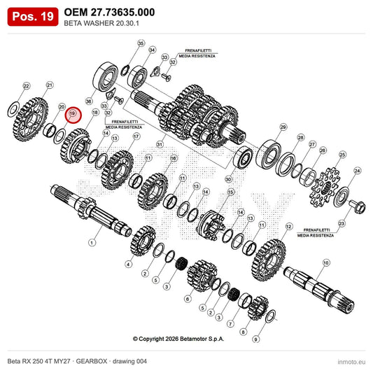 BETA WASHER 20.30.1 – OEM 27.73635.000, position 19 on the Beta RX 250 4T MY27 gearbox drawing