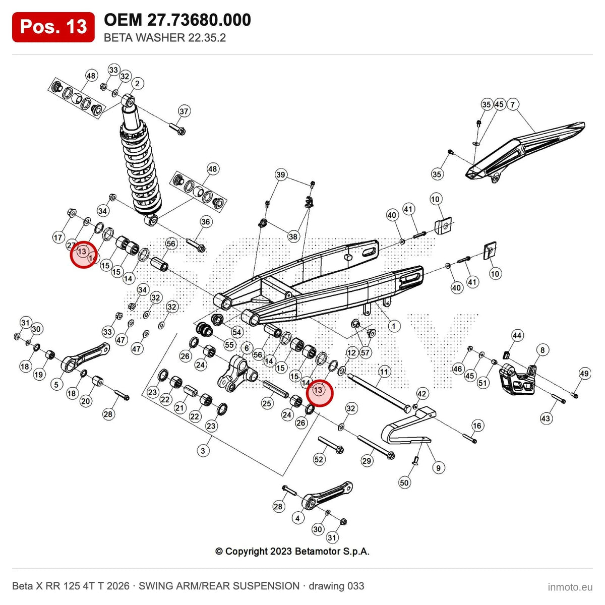 BETA WASHER 22.35.2 – OEM 27.73680.000, position 13 on the Beta X RR 125 4T T 2026 swing arm/rear suspension drawing