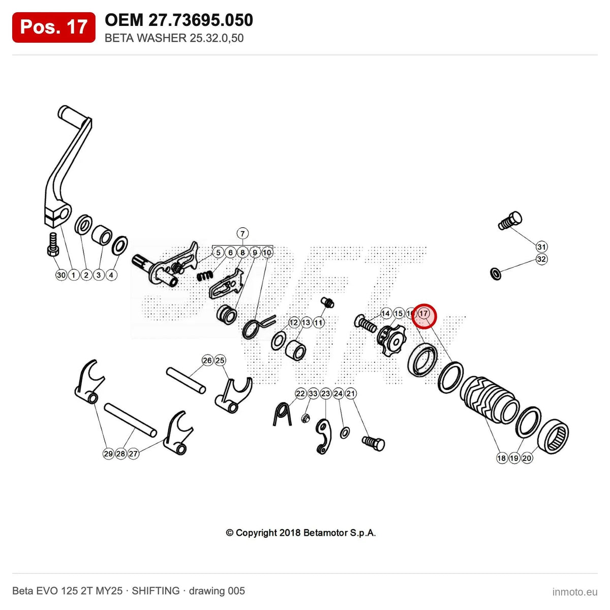 BETA WASHER 25.32.0,50 – OEM 27.73695.050, position 17 on the Beta EVO 125 2T MY25 shifting drawing