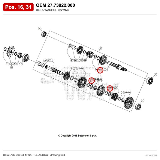 BETA WASHER (22MM) – OEM 27.73822.000, positions 16,31 on the Beta EVO 300 4T MY26 gearbox drawing