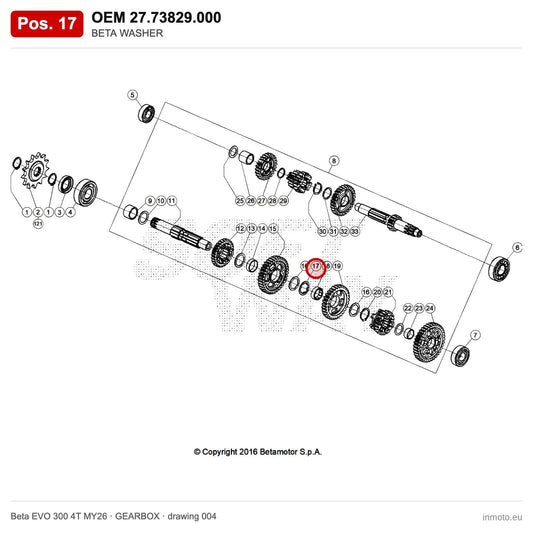 BETA WASHER – OEM 27.73829.000, position 17 on the Beta EVO 300 4T MY26 gearbox drawing