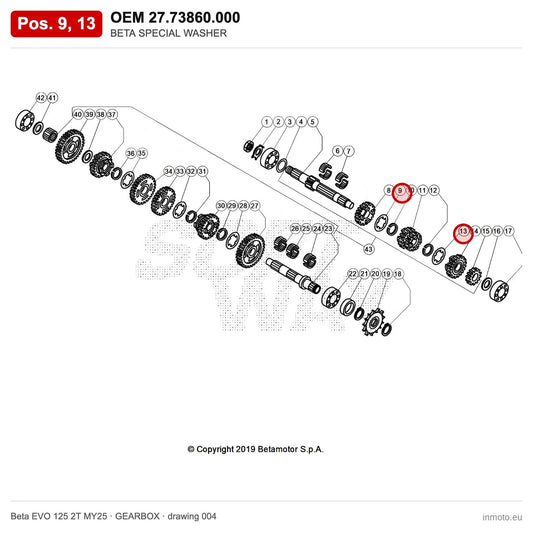 BETA SPECIAL WASHER – OEM 27.73860.000, positions 9,13 on the Beta EVO 125 2T MY25 gearbox drawing