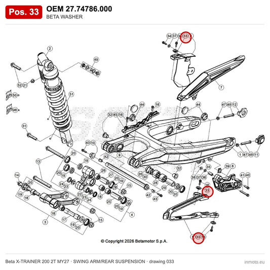 BETA WASHER – OEM 27.74786.000, position 33 on the Beta X-TRAINER 200 2T MY27 swing arm/rear suspension drawing