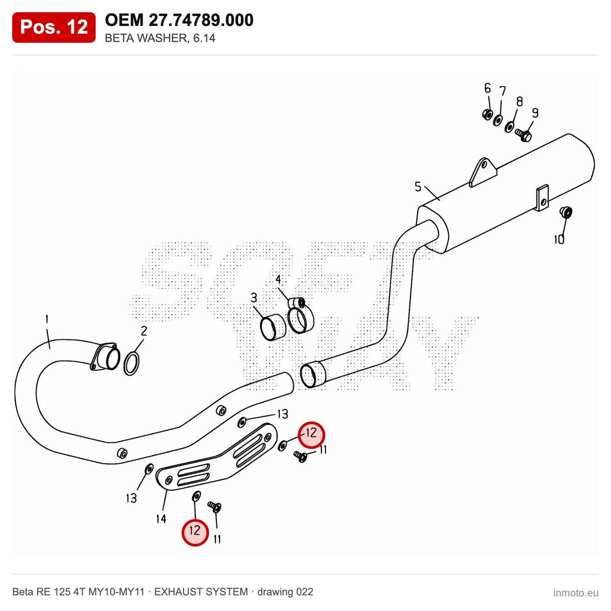 BETA WASHER, 6.14 – OEM 27.74789.000, position 12 on the Beta RE 125 4T MY10-MY11 exhaust system drawing