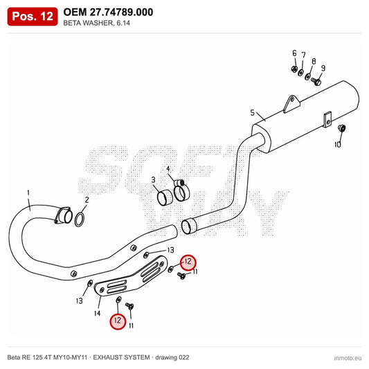BETA WASHER, 6.14 – OEM 27.74789.000, position 12 on the Beta RE 125 4T MY10-MY11 exhaust system drawing