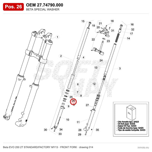 BETA SPECIAL WASHER – OEM 27.74790.000, position 26 on the Beta EVO 250 2T STANDARD/FACTORY MY13 front fork drawing