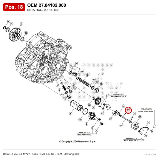BETA ROLL 2,5.11, 8BF – OEM 27.84102.000, position 18 on the Beta RX 250 4T MY27 lubrication system drawing