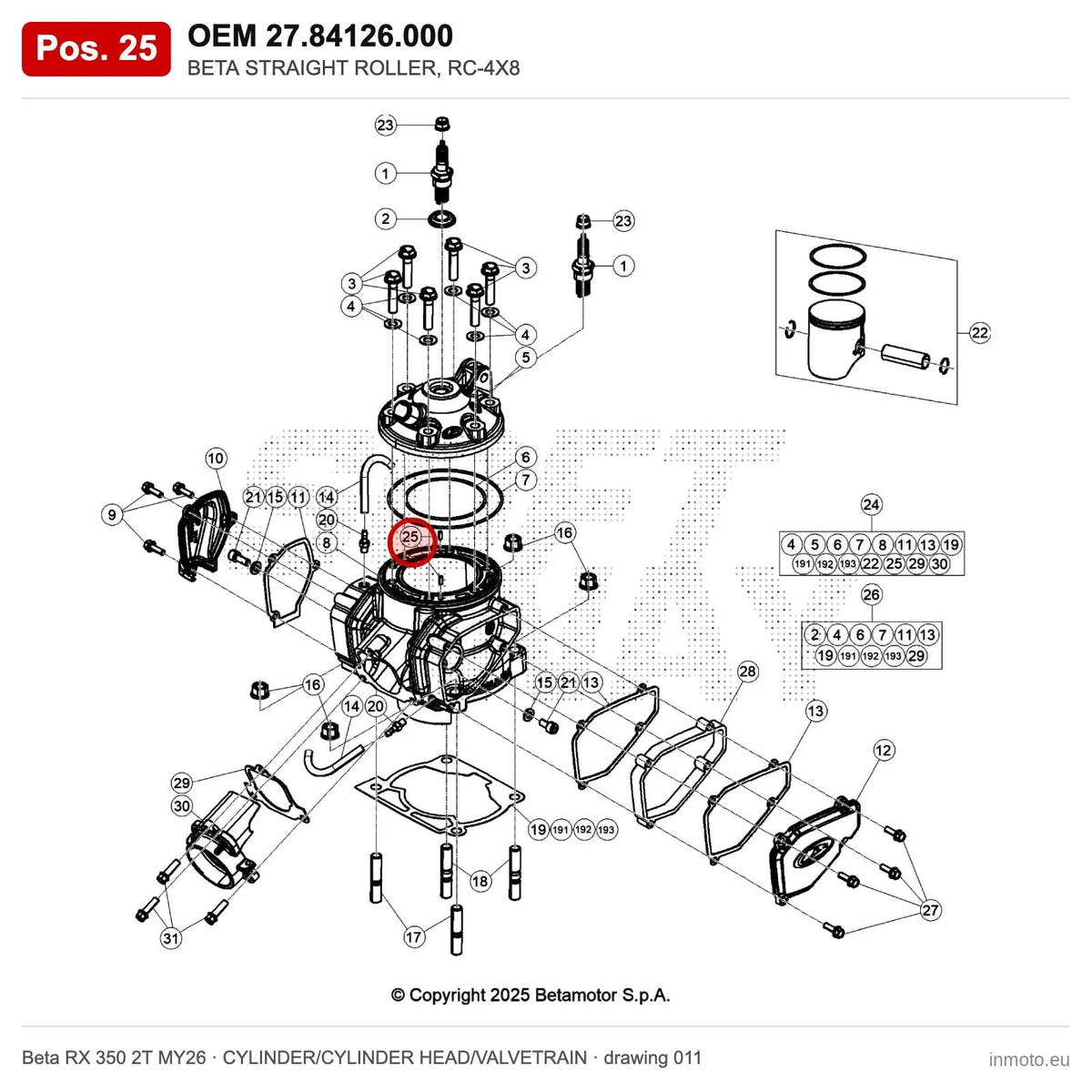 BETA STRAIGHT ROLLER, RC-4X8 – OEM 27.84126.000, position 25 on the Beta RX 350 2T MY26 cylinder/cylinder head/valvetrain drawing