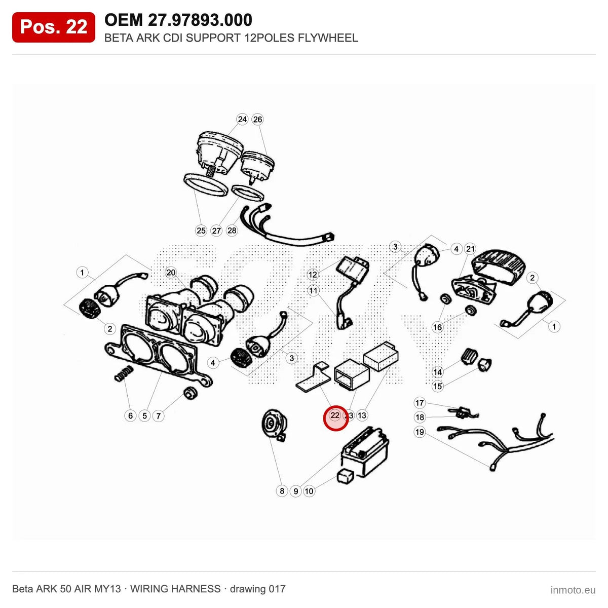 BETA ARK CDI SUPPORT 12POLES FLYWHEEL – OEM 27.97893.000, position 22 on the Beta ARK 50 AIR MY13 wiring harness drawing