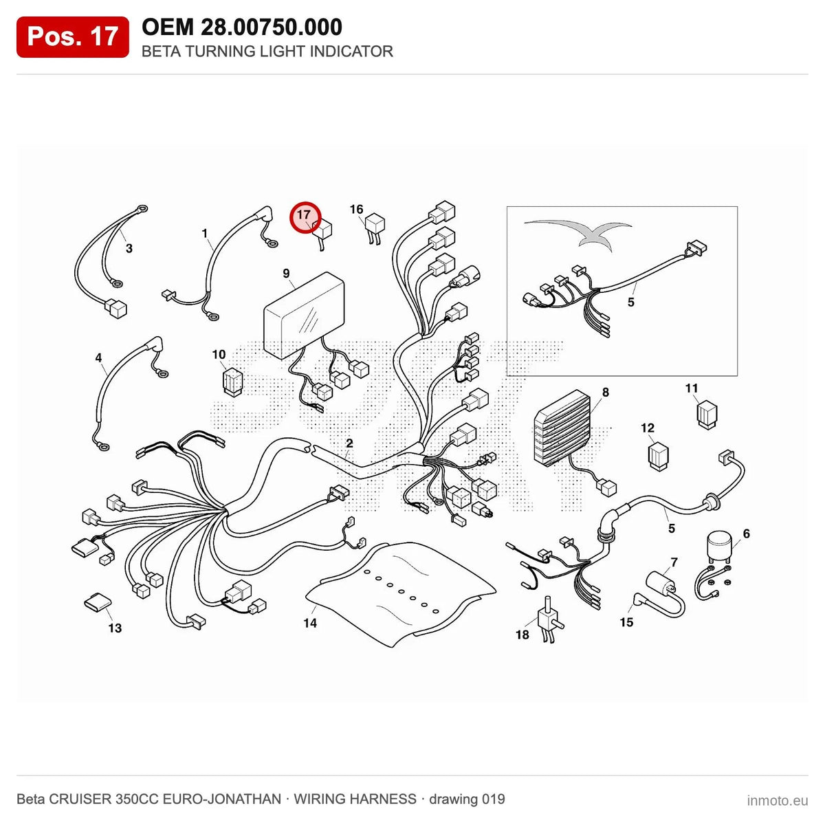 BETA TURNING LIGHT INDICATOR – OEM 28.00750.000, position 17 on the Beta CRUISER 350CC EURO-JONATHAN wiring harness drawing