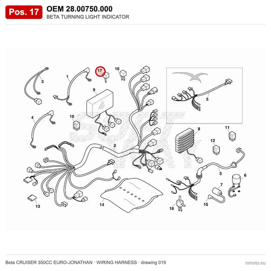 BETA TURNING LIGHT INDICATOR – OEM 28.00750.000, position 17 on the Beta CRUISER 350CC EURO-JONATHAN wiring harness drawing