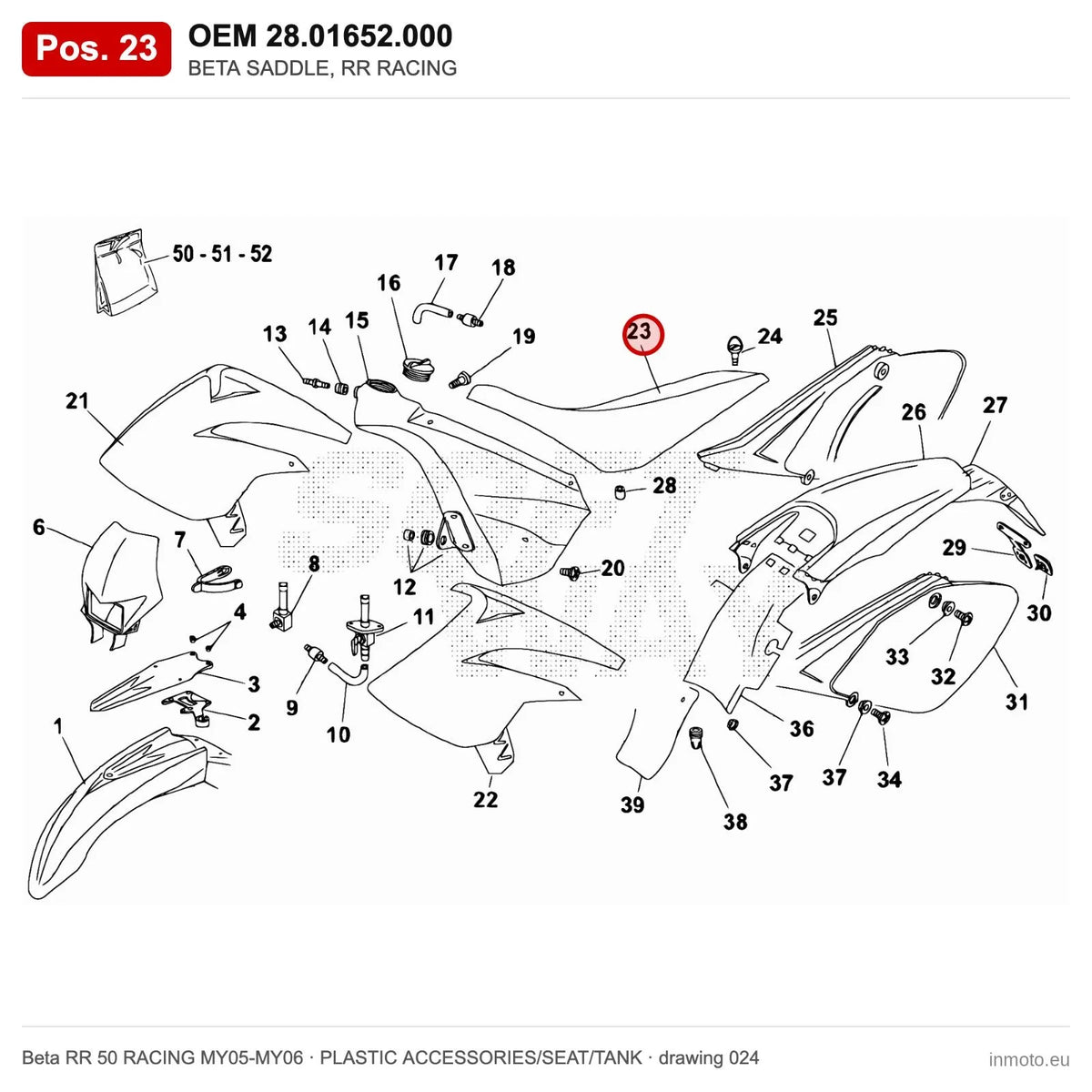 BETA SADDLE, RR RACING – OEM 28.01652.000, position 23 on the Beta RR 50 RACING MY05-MY06 plastic accessories/seat/tank drawing