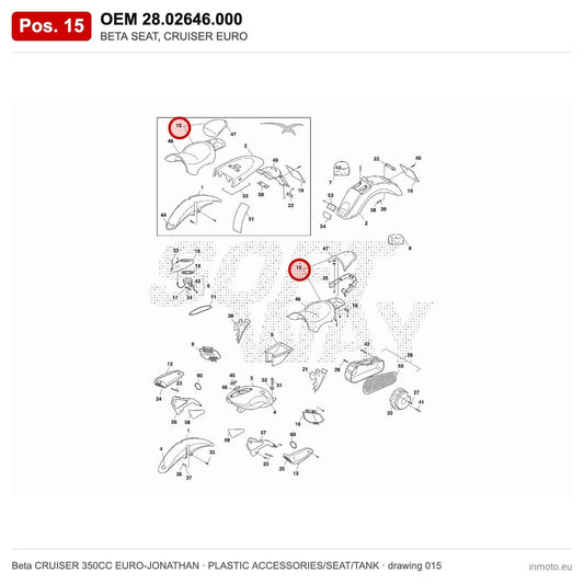 BETA SEAT, CRUISER EURO – OEM 28.02646.000, position 15 on the Beta CRUISER 350CC EURO-JONATHAN plastic accessories/seat/tank drawing