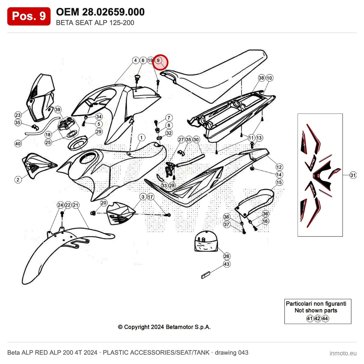 BETA SEAT ALP 125-200 – OEM 28.02659.000, position 9 on the Beta ALP RED ALP 200 4T 2024 plastic accessories/seat/tank drawing