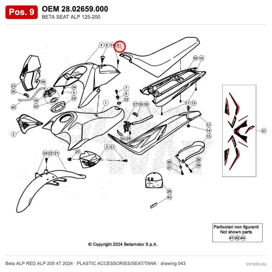 BETA SEAT ALP 125-200 – OEM 28.02659.000, position 9 on the Beta ALP RED ALP 200 4T 2024 plastic accessories/seat/tank drawing