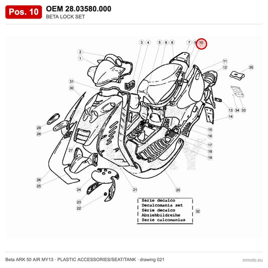 BETA LOCK SET – OEM 28.03580.000, position 10 on the Beta ARK 50 AIR MY13 plastic accessories/seat/tank drawing