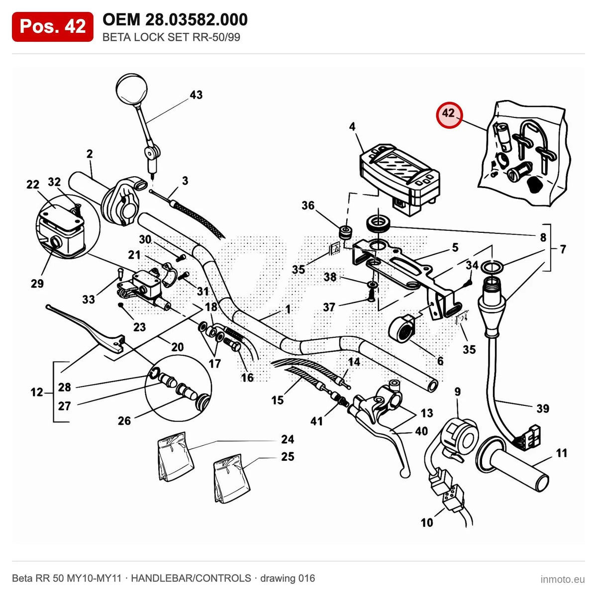 BETA LOCK SET RR-50/99 – OEM 28.03582.000, position 42 on the Beta RR 50 MY10-MY11 handlebar/controls drawing