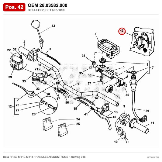 BETA LOCK SET RR-50/99 – OEM 28.03582.000, position 42 on the Beta RR 50 MY10-MY11 handlebar/controls drawing