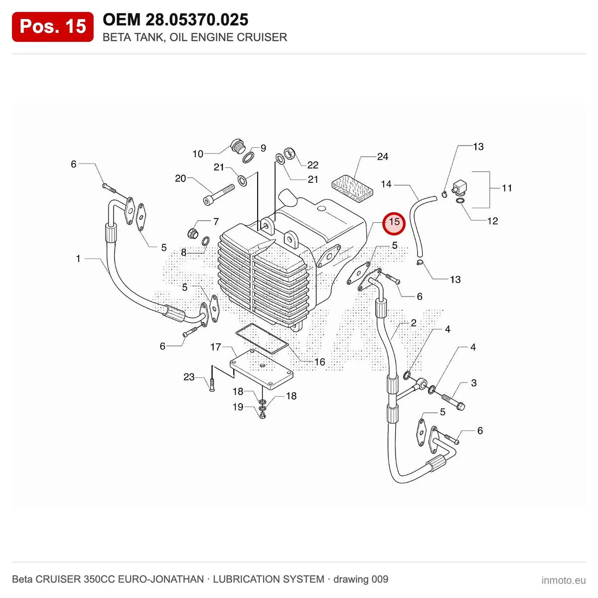 BETA TANK, OIL ENGINE CRUISER – OEM 28.05370.025, position 15 on the Beta CRUISER 350CC EURO-JONATHAN lubrication system drawing