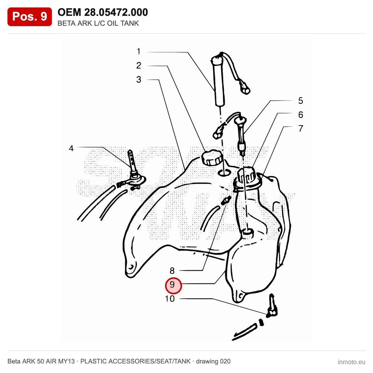 BETA ARK L/C OIL TANK – OEM 28.05472.000, position 9 on the Beta ARK 50 AIR MY13 plastic accessories/seat/tank drawing
