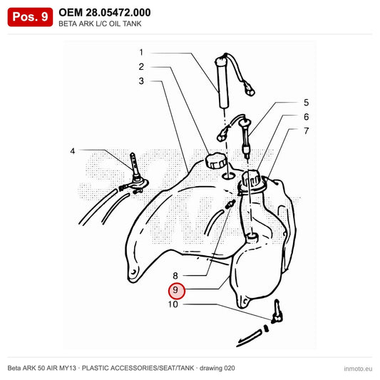 BETA ARK L/C OIL TANK – OEM 28.05472.000, position 9 on the Beta ARK 50 AIR MY13 plastic accessories/seat/tank drawing