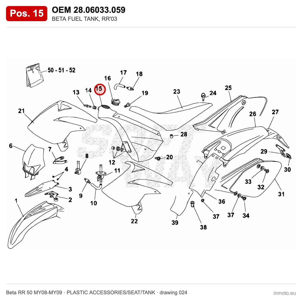 BETA FUEL TANK, RR'03 – OEM 28.06033.059, position 15 on the Beta RR 50 MY08-MY09 plastic accessories/seat/tank drawing
