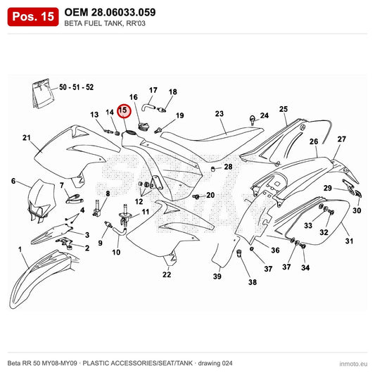 BETA FUEL TANK, RR'03 – OEM 28.06033.059, position 15 on the Beta RR 50 MY08-MY09 plastic accessories/seat/tank drawing
