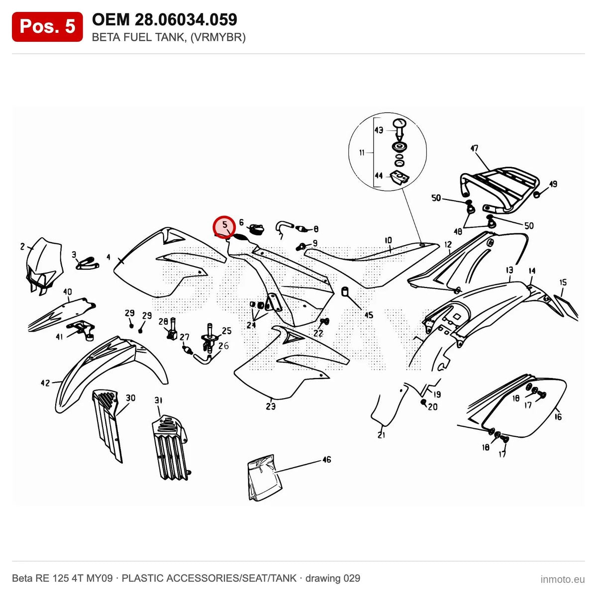 BETA FUEL TANK, (VRMYBR) – OEM 28.06034.059, position 5 on the Beta RE 125 4T MY09 plastic accessories/seat/tank drawing