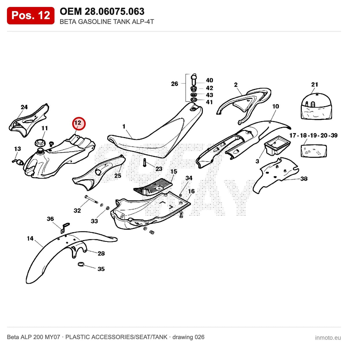 BETA GASOLINE TANK ALP-4T – OEM 28.06075.063, position 12 on the Beta ALP 200 MY07 plastic accessories/seat/tank drawing