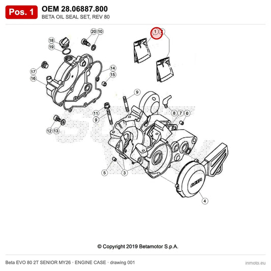 BETA OIL SEAL SET, REV 80 – OEM 28.06887.800, position 1 on the Beta EVO 80 2T SENIOR MY26 engine case drawing