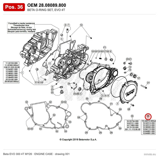 BETA O-RING SET, EVO 4T – OEM 28.08089.800, position 36 on the Beta EVO 300 4T MY26 engine case drawing