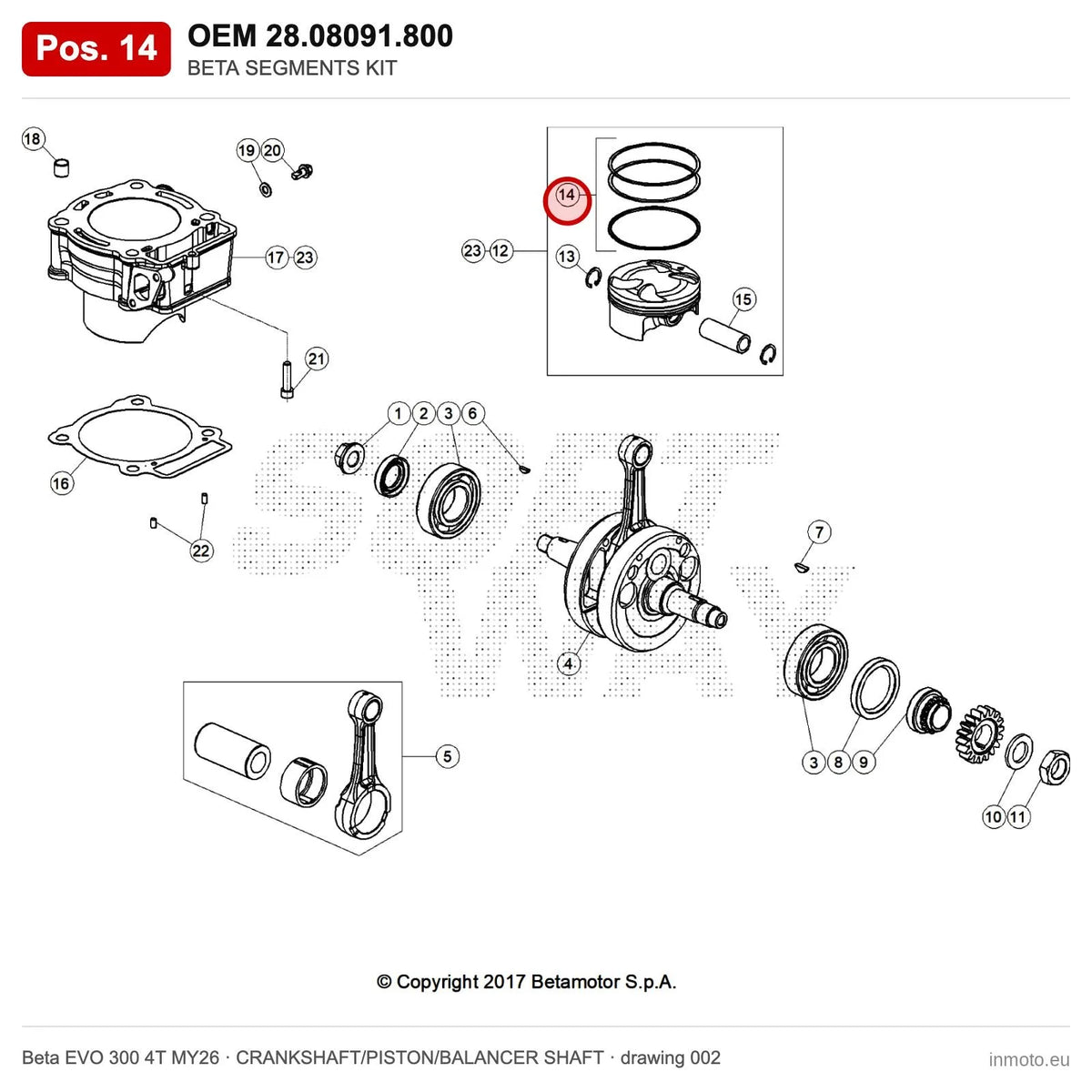 BETA SEGMENTS KIT – OEM 28.08091.800, position 14 on the Beta EVO 300 4T MY26 crankshaft/piston/balancer shaft drawing