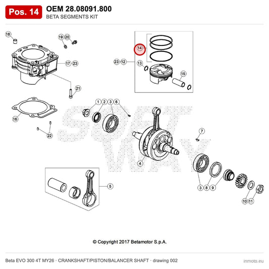 BETA SEGMENTS KIT – OEM 28.08091.800, position 14 on the Beta EVO 300 4T MY26 crankshaft/piston/balancer shaft drawing