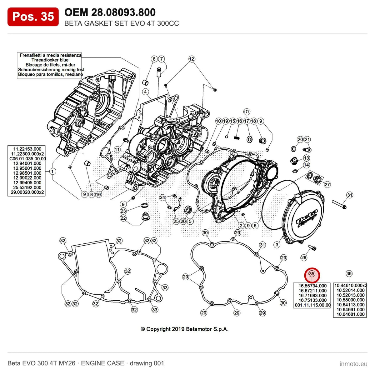 BETA GASKET SET EVO 4T 300CC – OEM 28.08093.800, position 35 on the Beta EVO 300 4T MY26 engine case drawing