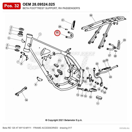 BETA FOOTTREST SUPPORT, RH PASSENGER'S – OEM 28.09524.025, position 32 on the Beta RE 125 4T MY10-MY11 frame accessories drawing