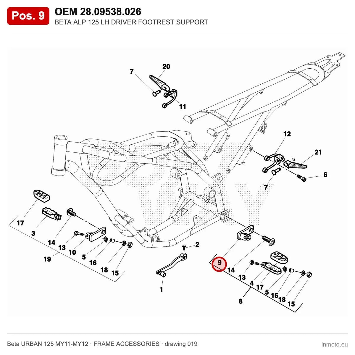 BETA ALP 125 LH DRIVER FOOTREST SUPPORT – OEM 28.09538.026, position 9 on the Beta URBAN 125 MY11-MY12 frame accessories drawing
