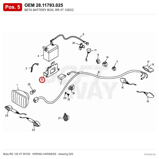 BETA BATTERY BOX, RR 4T 125CC – OEM 28.11793.025, position 5 on the Beta RE 125 4T MY09 wiring harness drawing