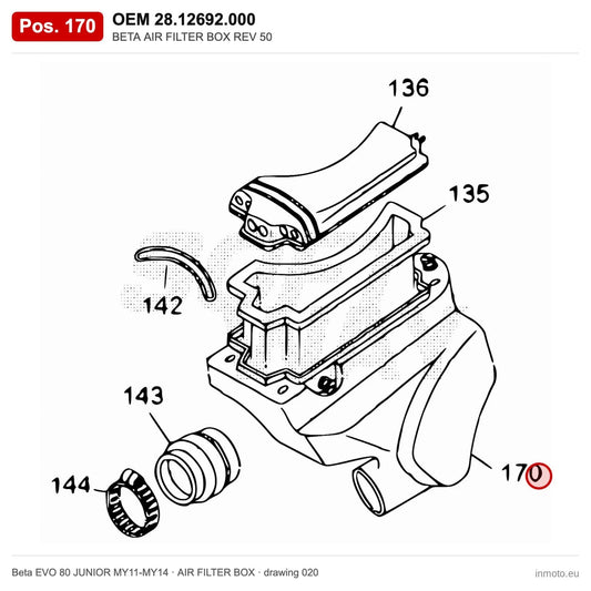 BETA AIR FILTER BOX REV 50 – OEM 28.12692.000, position 170 on the Beta EVO 80 JUNIOR MY11-MY14 air filter box drawing