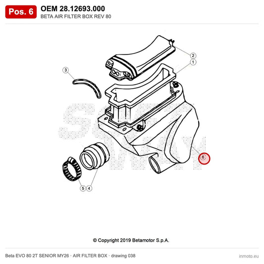 BETA AIR FILTER BOX REV 80 – OEM 28.12693.000, position 6 on the Beta EVO 80 2T SENIOR MY26 air filter box drawing