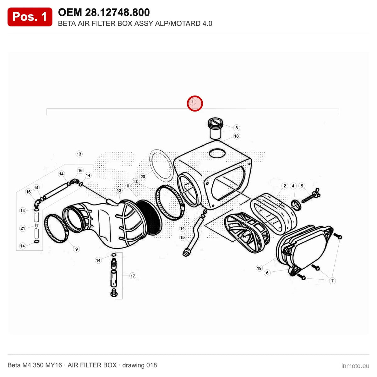 BETA AIR FILTER BOX ASSY ALP/MOTARD 4.0 – OEM 28.12748.800, position 1 on the Beta M4 350 MY16 air filter box drawing