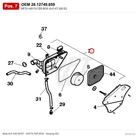 BETA AIR FILTER BOX ALP-4T 200 E2 – OEM 28.12749.859, position 7 on the Beta ALP 200 MY07 air filter box drawing