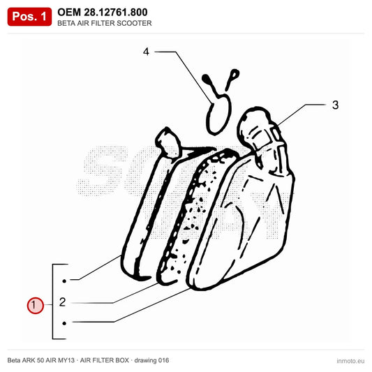 BETA AIR FILTER SCOOTER – OEM 28.12761.800, position 1 on the Beta ARK 50 AIR MY13 air filter box drawing