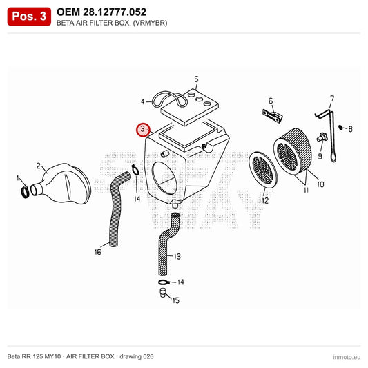 BETA AIR FILTER BOX, (VRMYBR) – OEM 28.12777.052, position 3 on the Beta RR 125 MY10 air filter box drawing