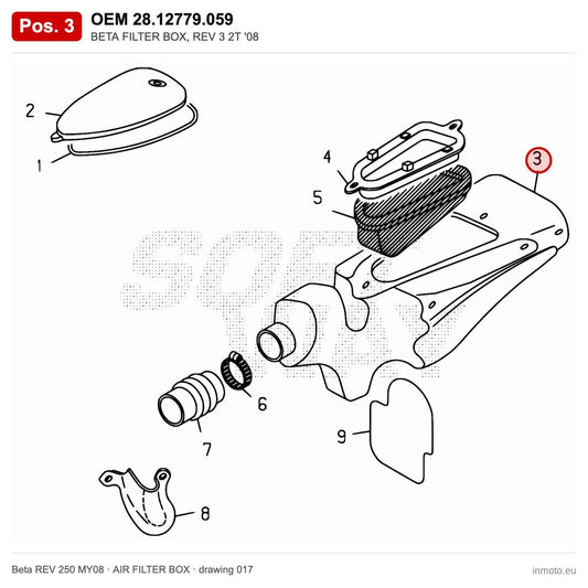 BETA FILTER BOX, REV 3 2T '08 – OEM 28.12779.059, position 3 on the Beta REV 250 MY08 air filter box drawing