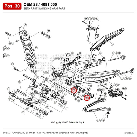 BETA RR4T SWINGING ARM PART – OEM 28.14081.000, position 30 on the Beta X-TRAINER 200 2T MY27 swing arm/rear suspension drawing