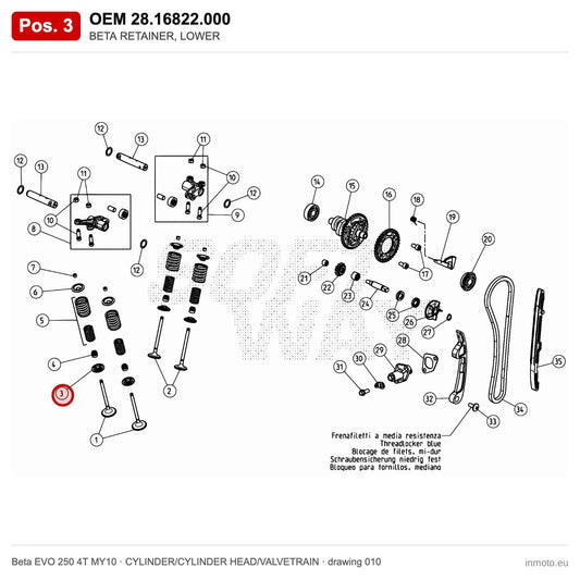BETA RETAINER, LOWER – OEM 28.16822.000, position 3 on the Beta EVO 250 4T MY10 cylinder/cylinder head/valvetrain drawing