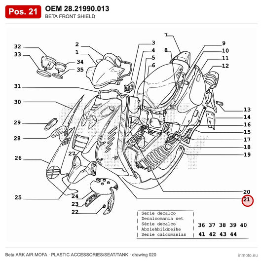 BETA FRONT SHIELD – OEM 28.21990.013, position 21 on the Beta ARK AIR MOFA plastic accessories/seat/tank drawing