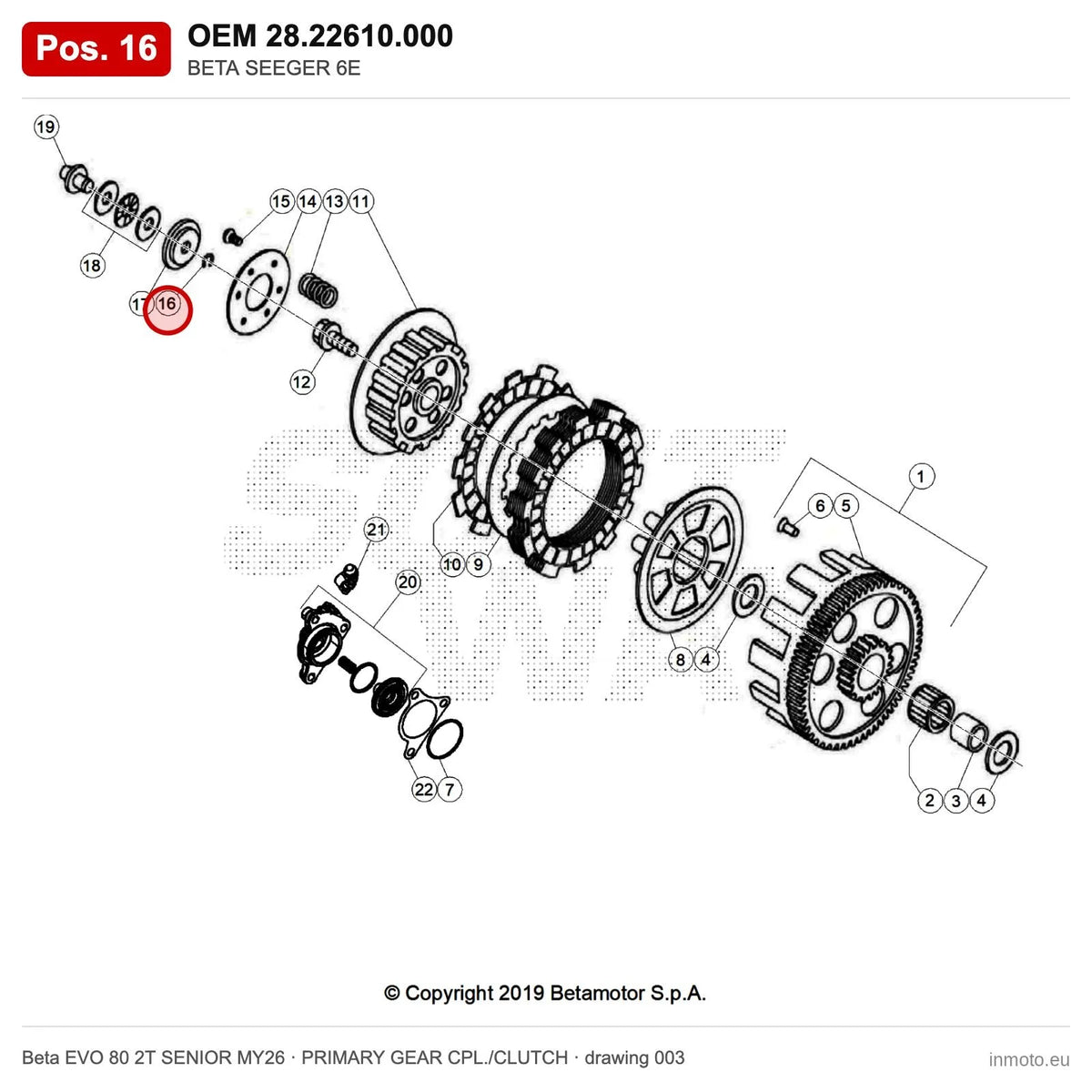 BETA SEEGER 6E – OEM 28.22610.000, position 16 on the Beta EVO 80 2T SENIOR MY26 primary gear cpl./clutch drawing