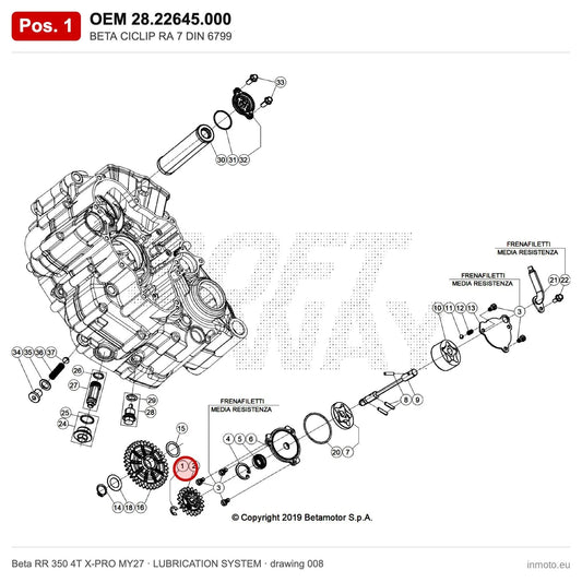 BETA CICLIP RA 7 DIN 6799 – OEM 28.22645.000, position 1 on the Beta RR 350 4T X-PRO MY27 lubrication system drawing
