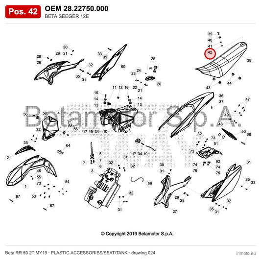 BETA SEEGER 12E – OEM 28.22750.000, position 42 on the Beta RR 50 2T MY19 plastic accessories/seat/tank drawing